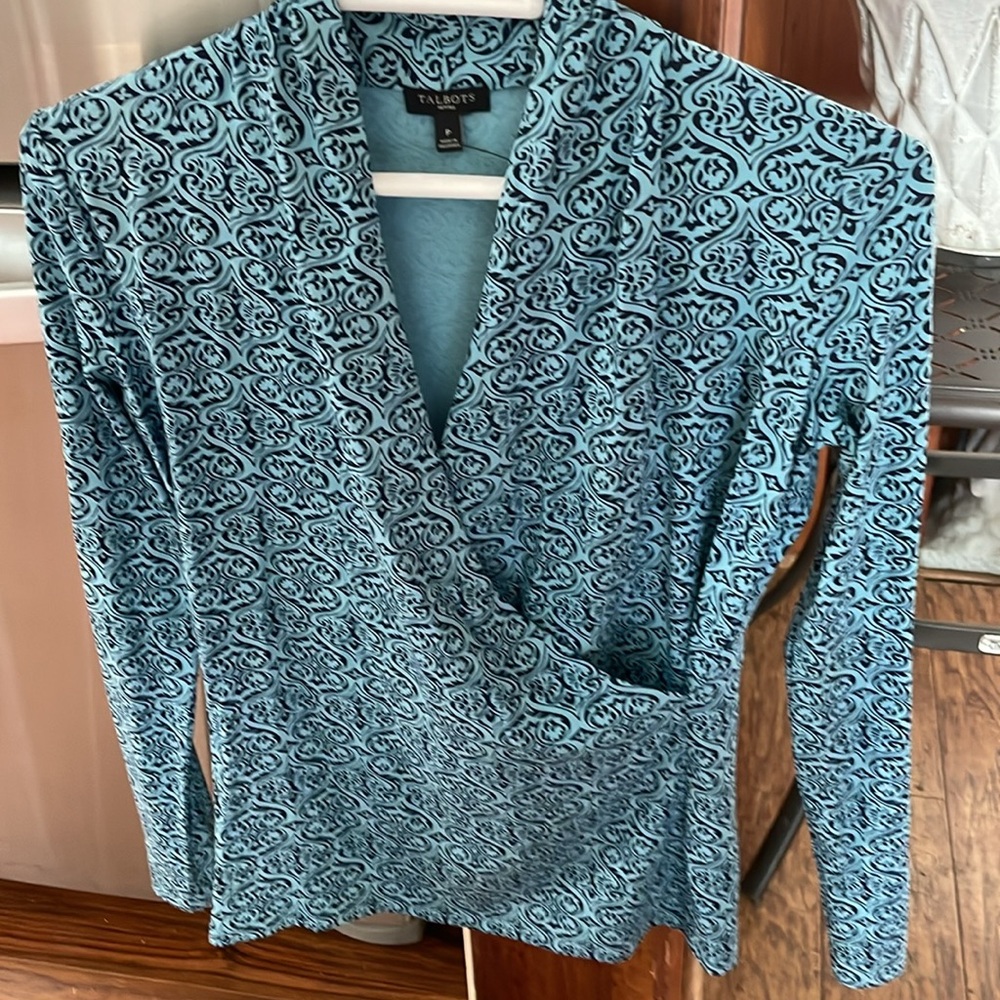 Talbots Petites Turquoise & Black Rayon  Blend long sleeve faux wrap top#12